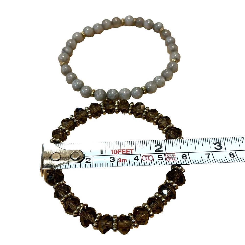 Pair Beaded Stretch Bracelets Gray Gemstones & Pu… - image 7